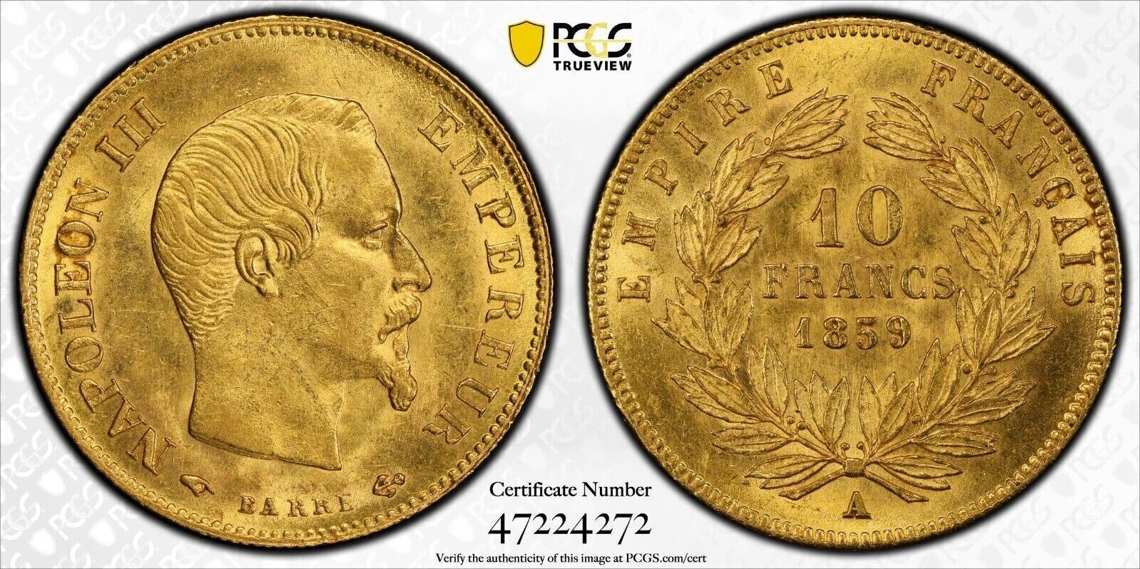 Pièce 10 Francs Or Napoléon III 1859 Paris - PCGS MS 64 - Certification - Rare