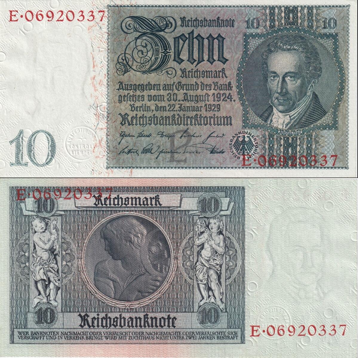 Deutsches Reich (bis 1945) 10 REICHSMARK 1929 Ro.173a Friedensdruck I ...