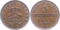 Brandenburg-Preu&szlig;en 3 Pfennig 1867 B Wilhelm I. 1861-1888. Vorz&uuml;glich + 16.20 US$  +  23.15 US$ shipping