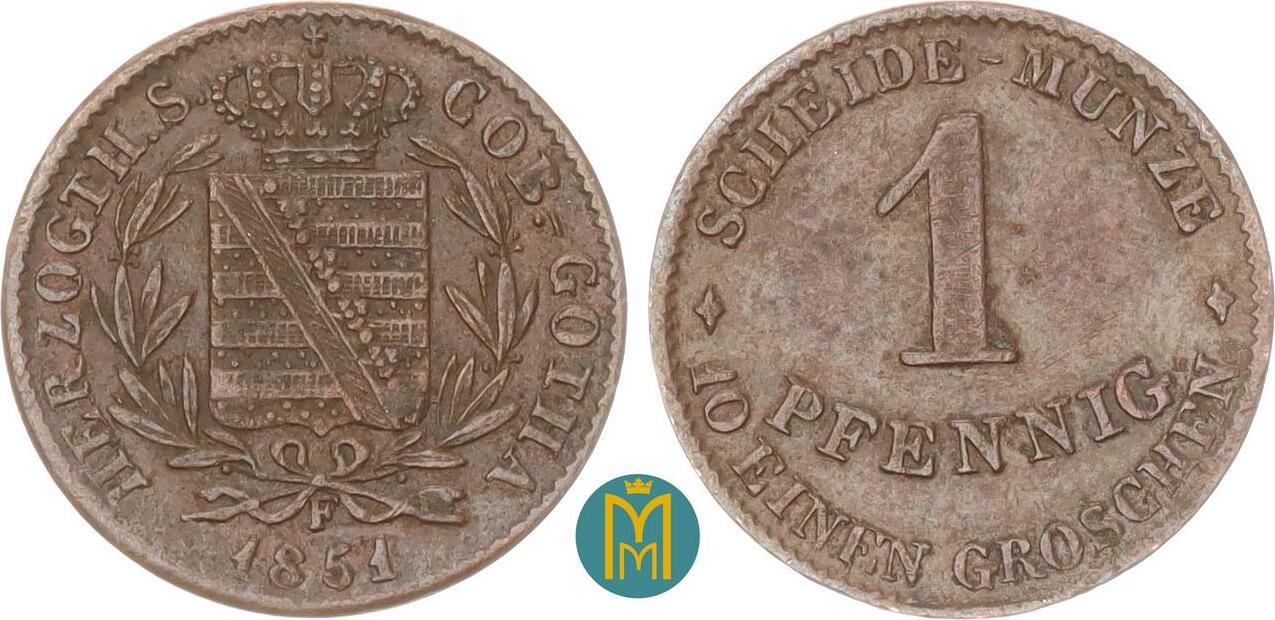 Sachsen-Coburg-Gotha 1 Pfennig 1851 Ernst II. 1844-1893. VF-EF | MA-Shops