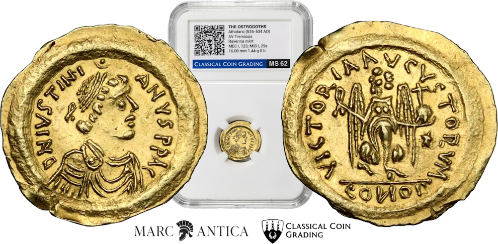 ★CCG-MS62★The Ostrogoths Athalaric (526-534 AD), Gold Tremissis, Ravenna Mint.
