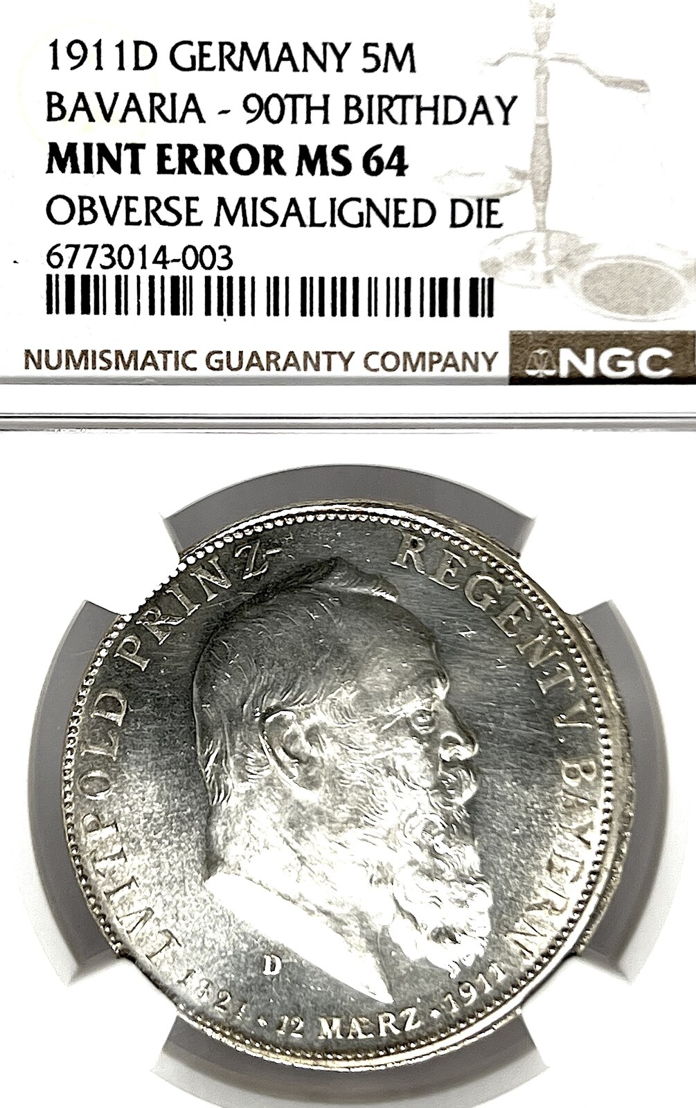 GERMANY German States Bavaria 1911D 5 Mark Coin NGC MS64 UNC STG