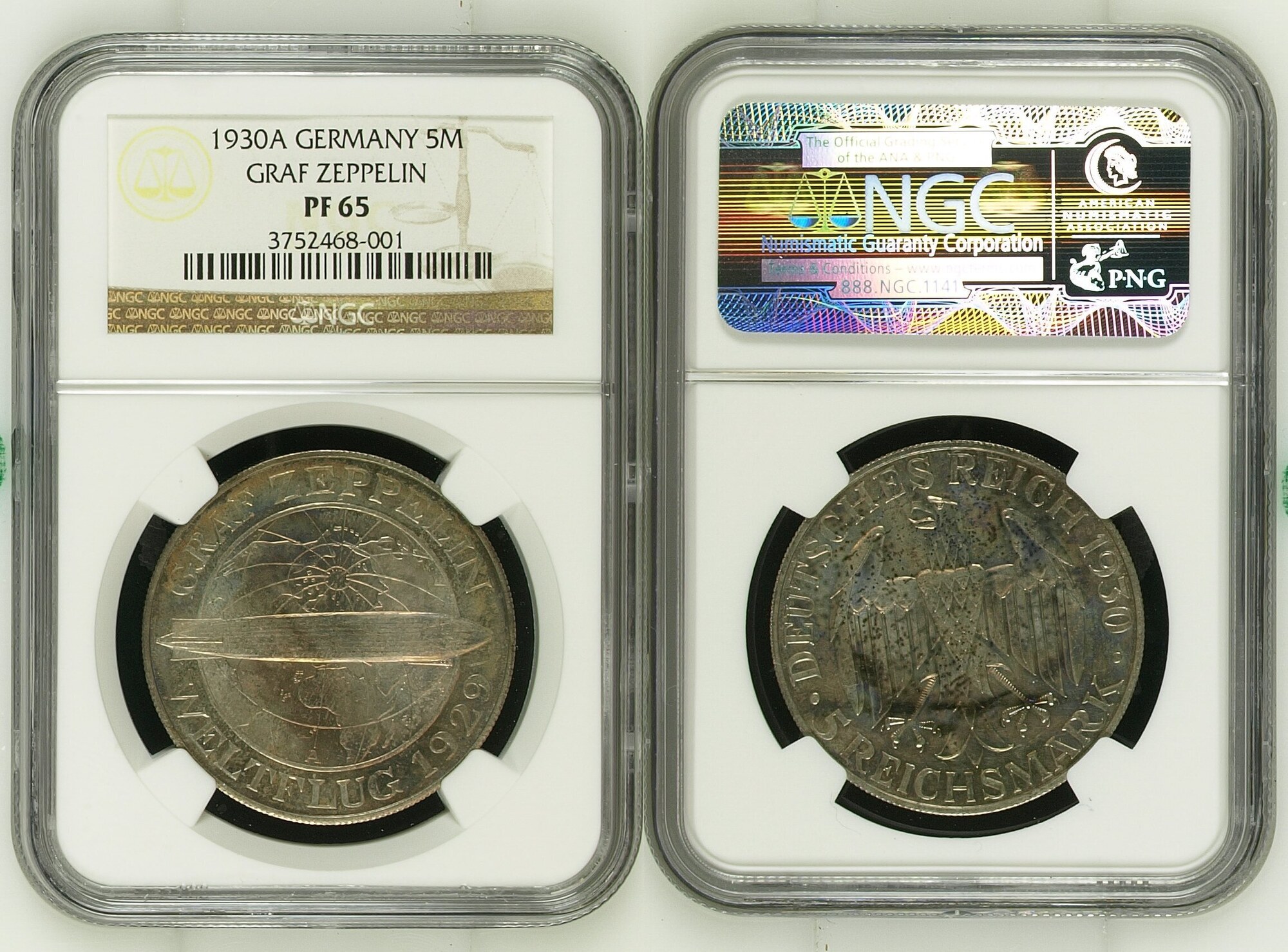 1930A Germany, Weimar Republic, 1930 A, 5 Mark, ZEPPELIN, NGC PF 65 PP ...