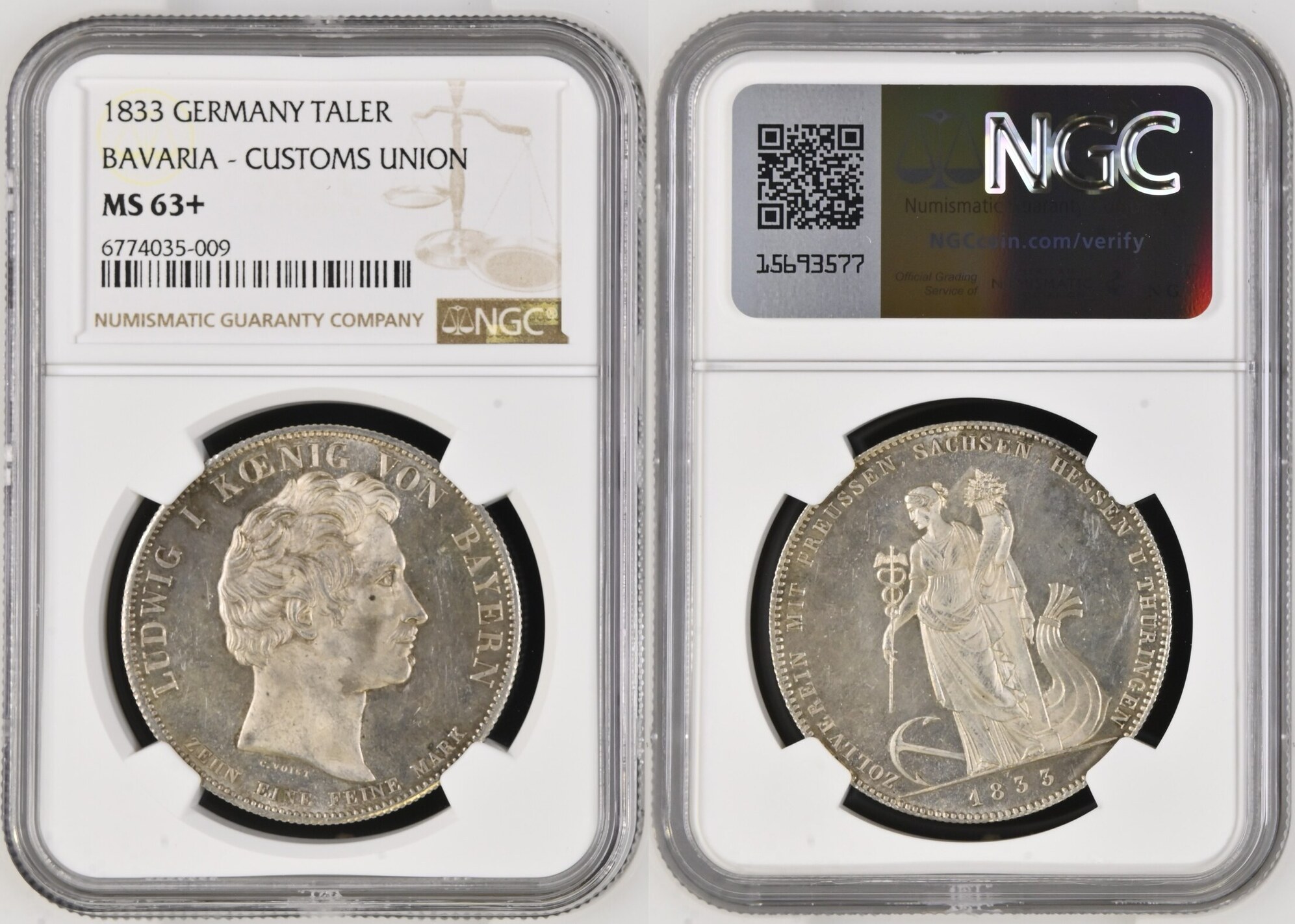 GERMANY German States Bavaria 1833 Taler Coin Thaler NGC MS 63+ F