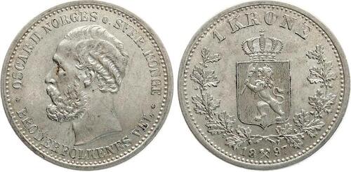 Norwegen 1 Krone 1897 Oscar II. SELTEN in so feiner Erhaltung, besserer Jahrgang AU