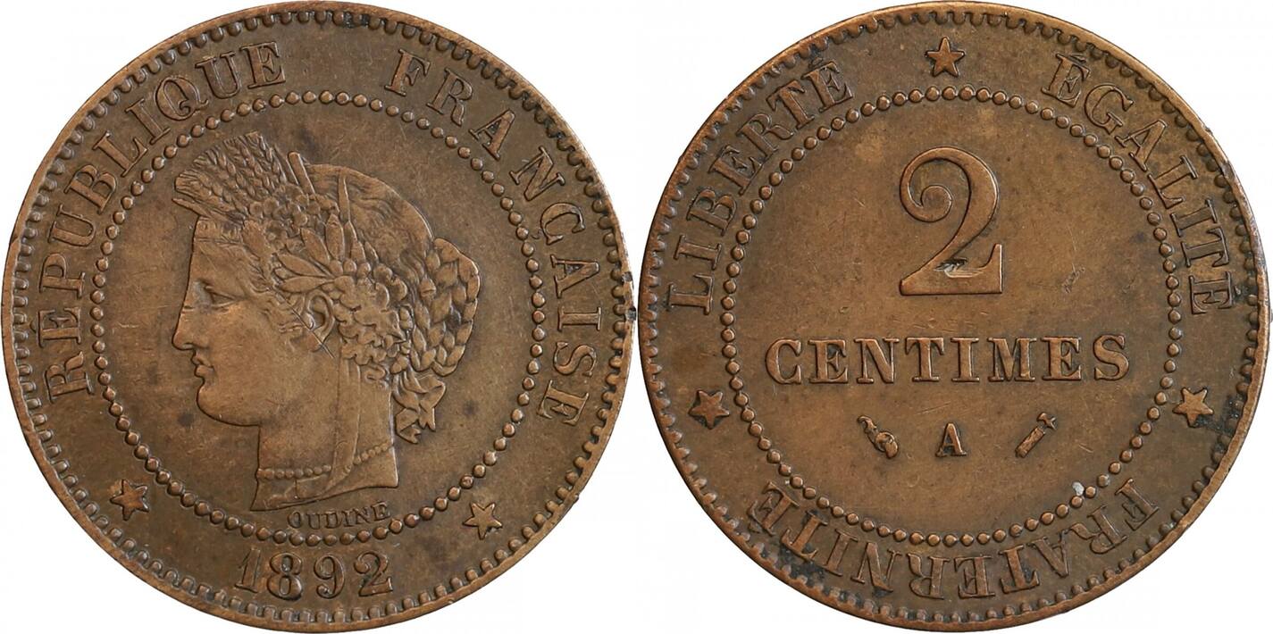 1892 2 Centimes Cérès Troisième République VF Русские монеты из драгоценных