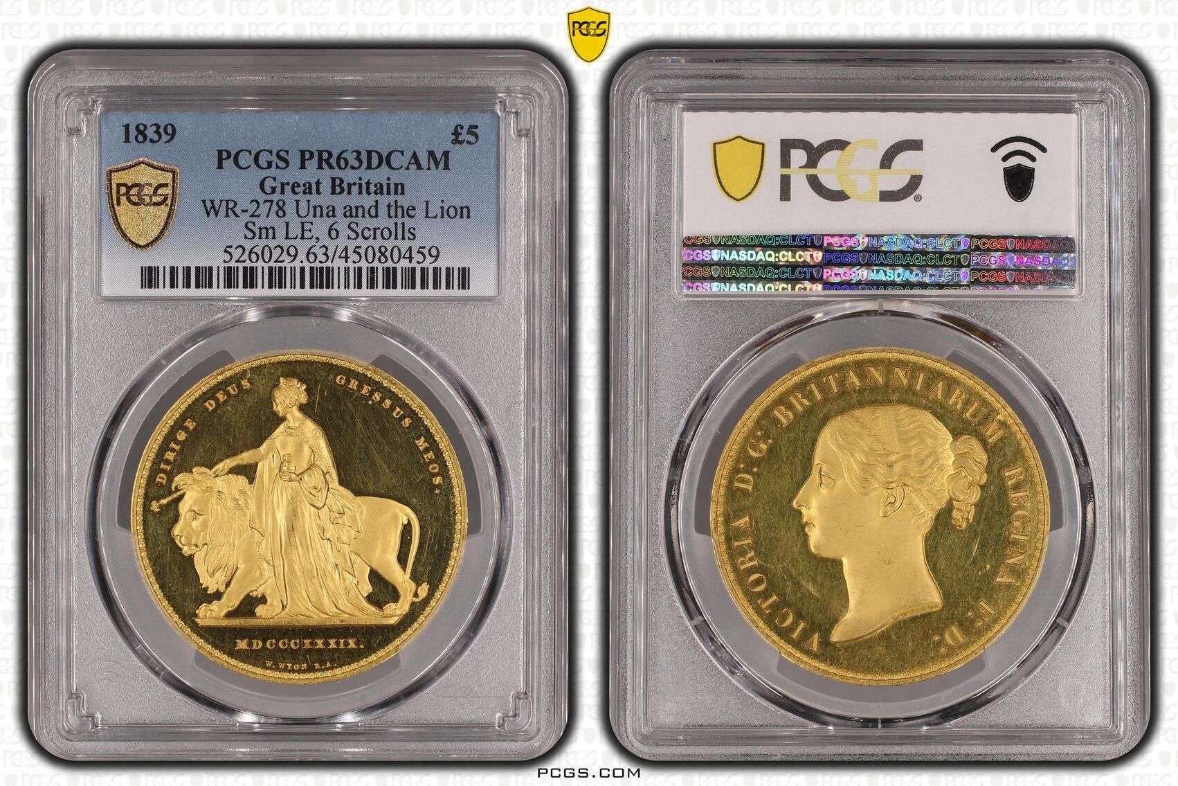 1839 £5 WR278 Una and the Lion Sm LE, 6 Scrolls Great Britain PR63DCAM