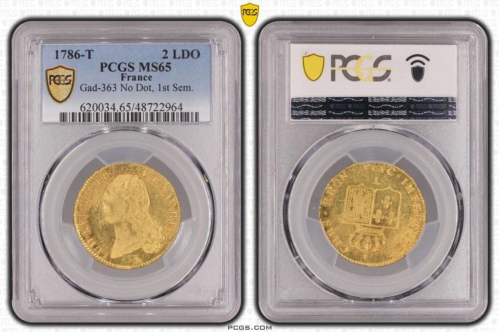 1786T 2 LDO Gad363 No Dot, 1st Sem. France MS65 PCGS