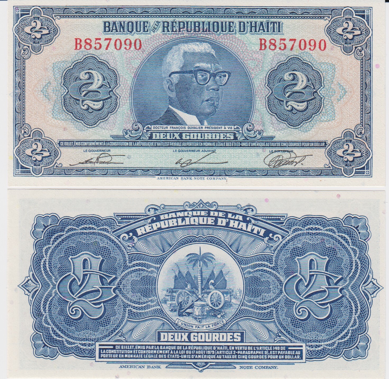 Banknotes of all Nations Haiti 2 Gourde 1979 P 231 UNC Prefix F 