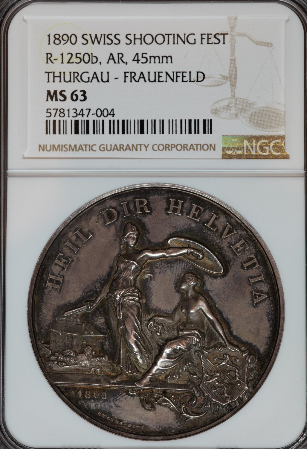 SWISS SHOOTING MEDAL FEST THURGAU 1890 SWISS Swiss 1890 Shooting Medal  Cantons Thurgau-Frauenfeld Silver R-1250b R MS-63 NGC MS 63 | MA-Shops