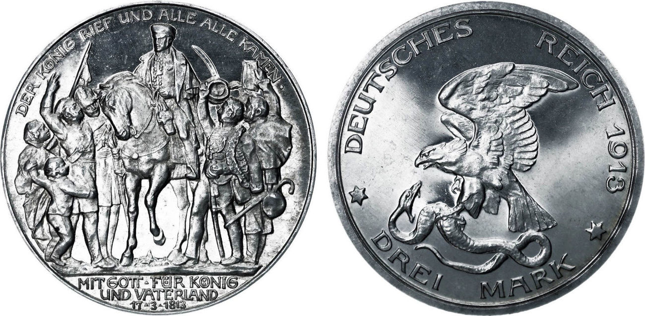 German Empire Prussia 3 Mark 1913 ,100 Years Napoleonic Wars Proof