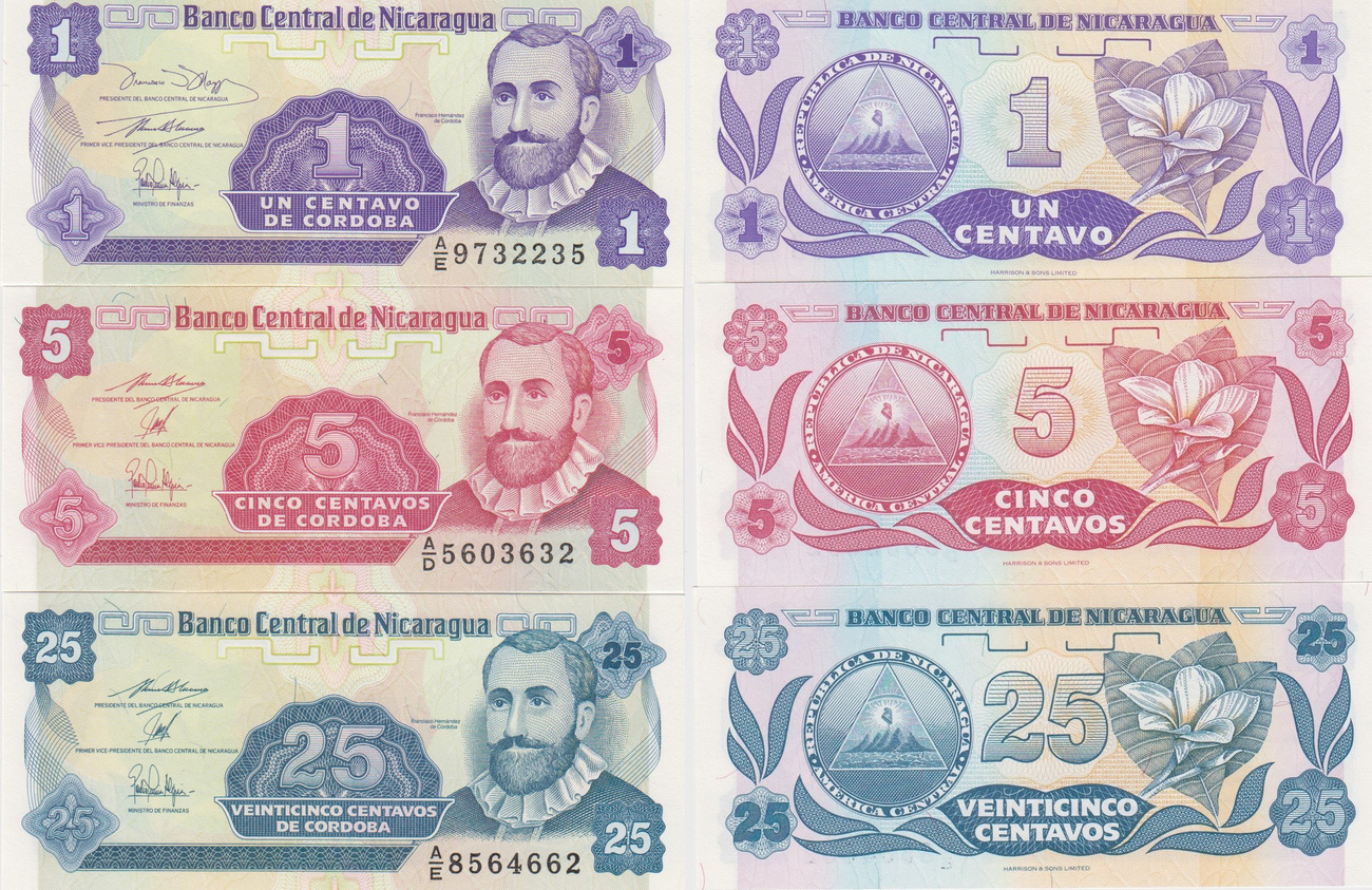 5 25 Centavos 1991 UNC Banknotes Nicaragua Set 1 10 