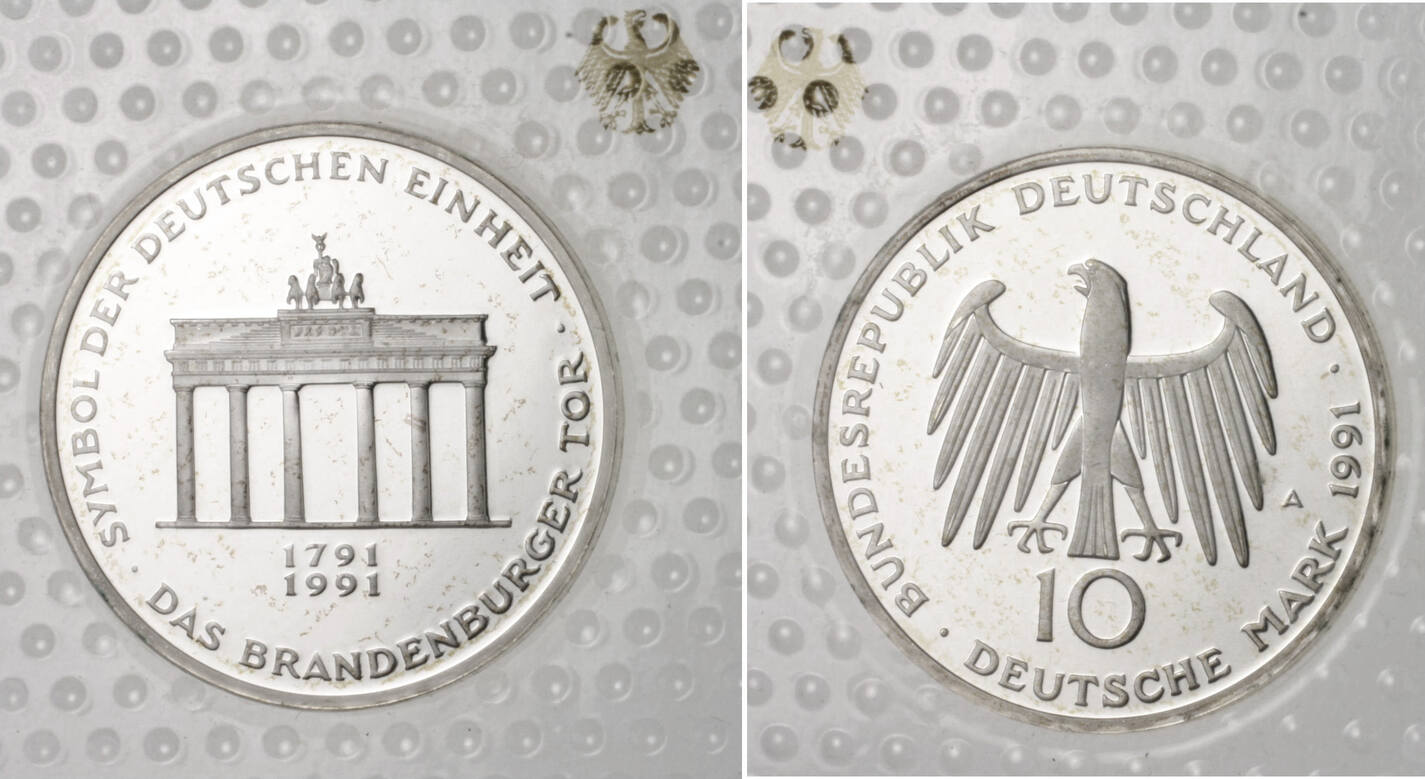 BRD 10 DM 1991 Brandenburger Tor, Symbol der deutschen Einheit Proof ...