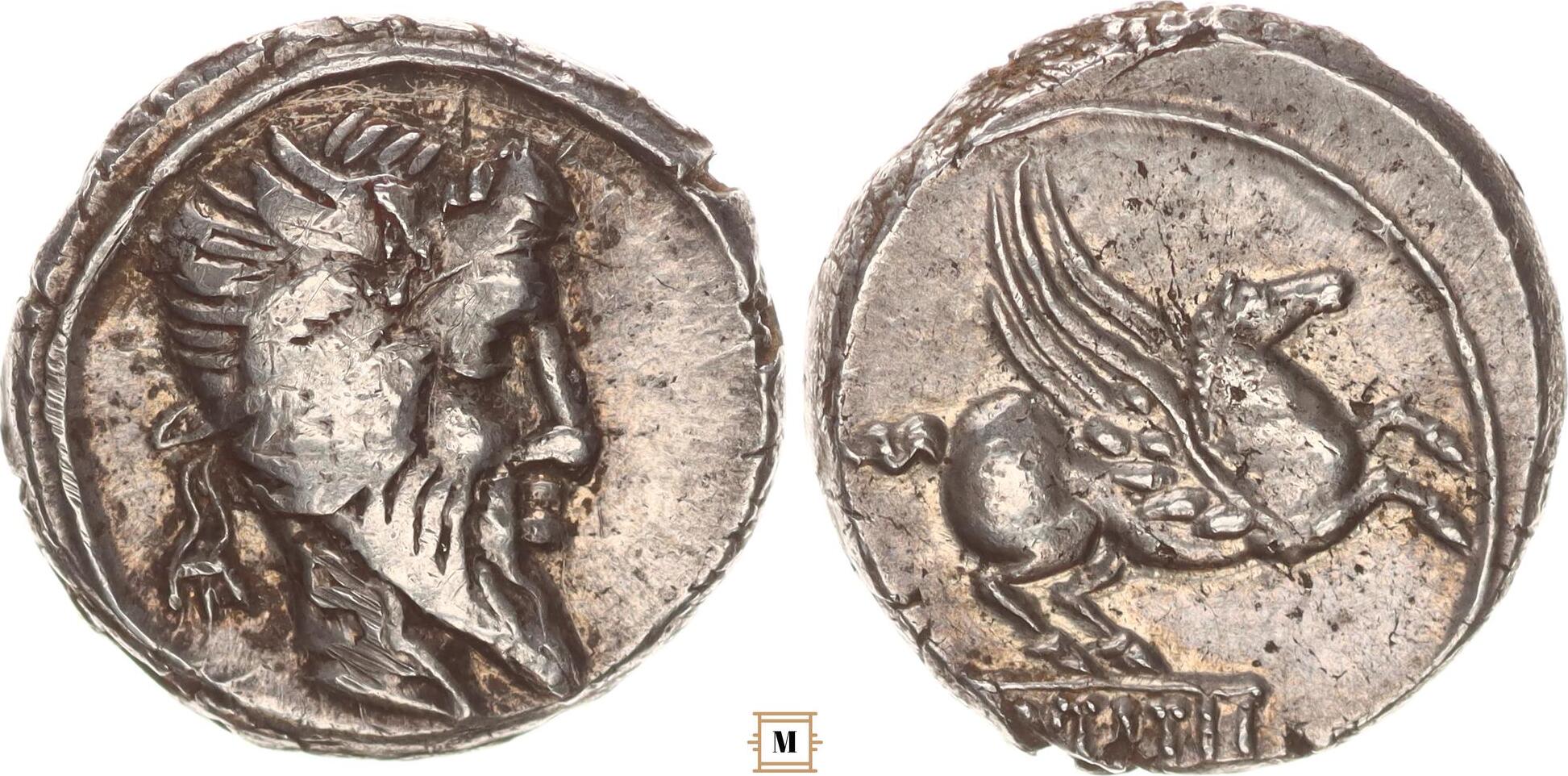 Roman Republic AR denarius 90 BC Q. Titius, Head of Mutinus Titius