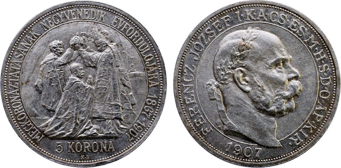Hungary 5 korona 1907 Franz Joseph, Coronation XF