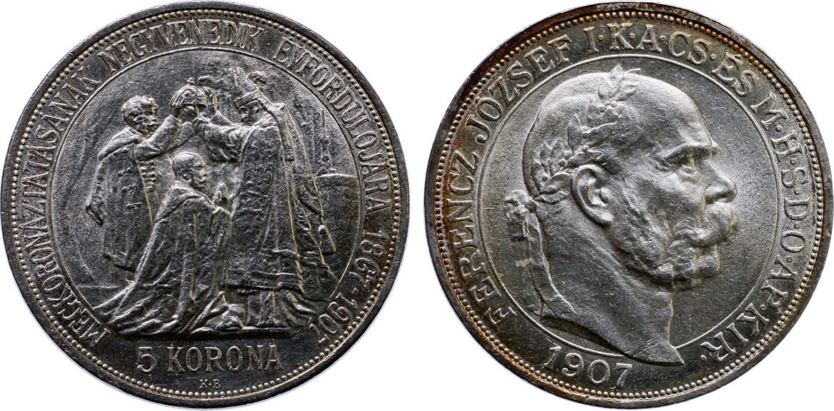 Hungary 5 korona 1907 Franz Joseph, Coronation UNC