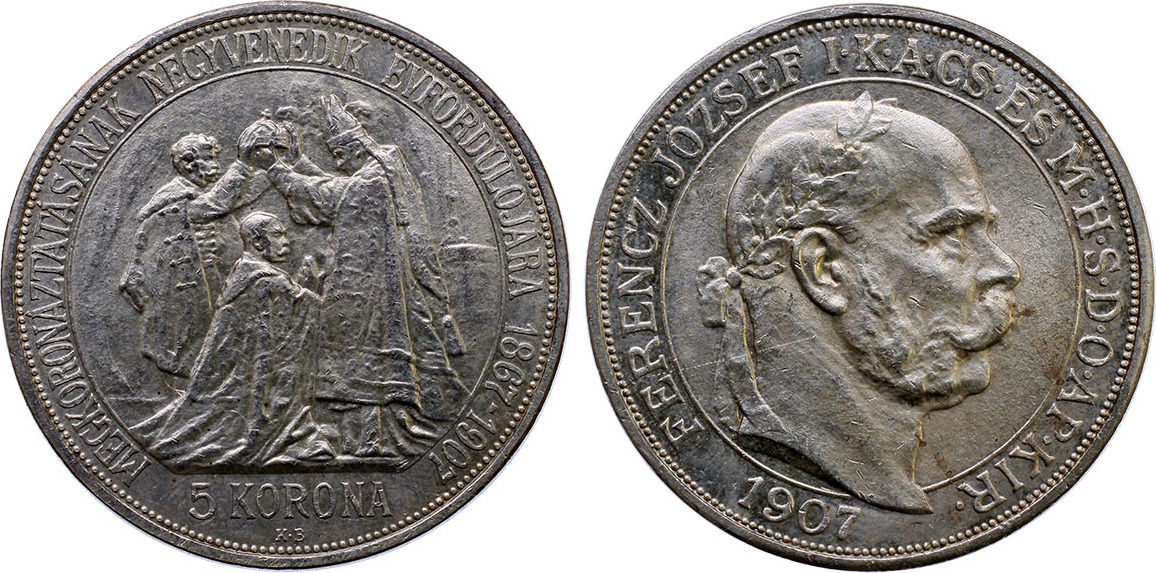 Hungary 5 korona 1907 Franz Joseph, Coronation XF