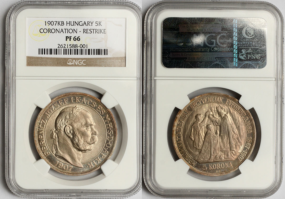 HUNGARY 5K 1907KB UP Franz Joseph, Coronation - Restrike NGC PF 66 | MA ...