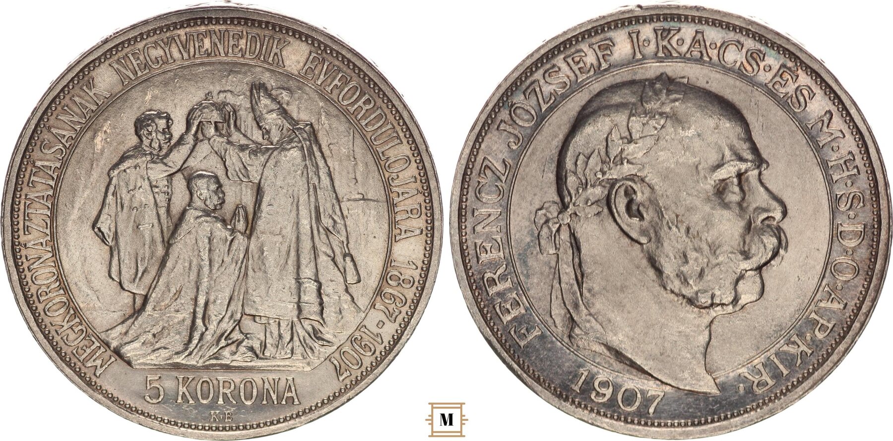 Hungary 5 korona 1907 KB Franz Joseph, Coronation UNC