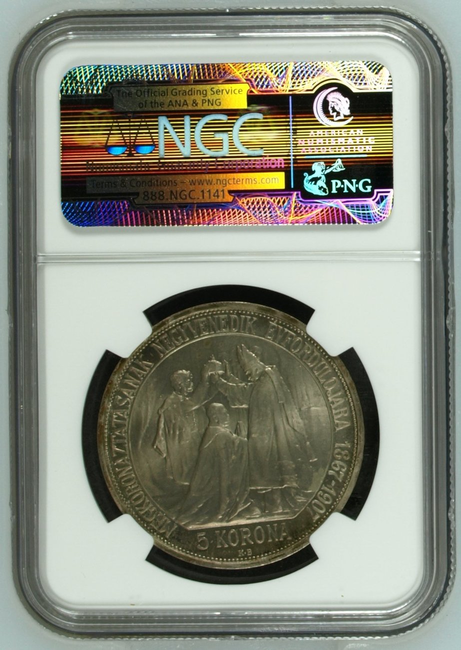 HUNGARY 5K 1907KB UP Franz Joseph, Coronation Restrike NGC PF 66 MA