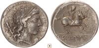 Roman Republic AR denarius P. Crepusius, Head of Apollo / Rider on Horseback -