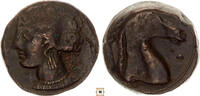 Greek AE 18mm Zeugitania, Carthage, Sardinian mint, Head of Tanit/ Horse head -