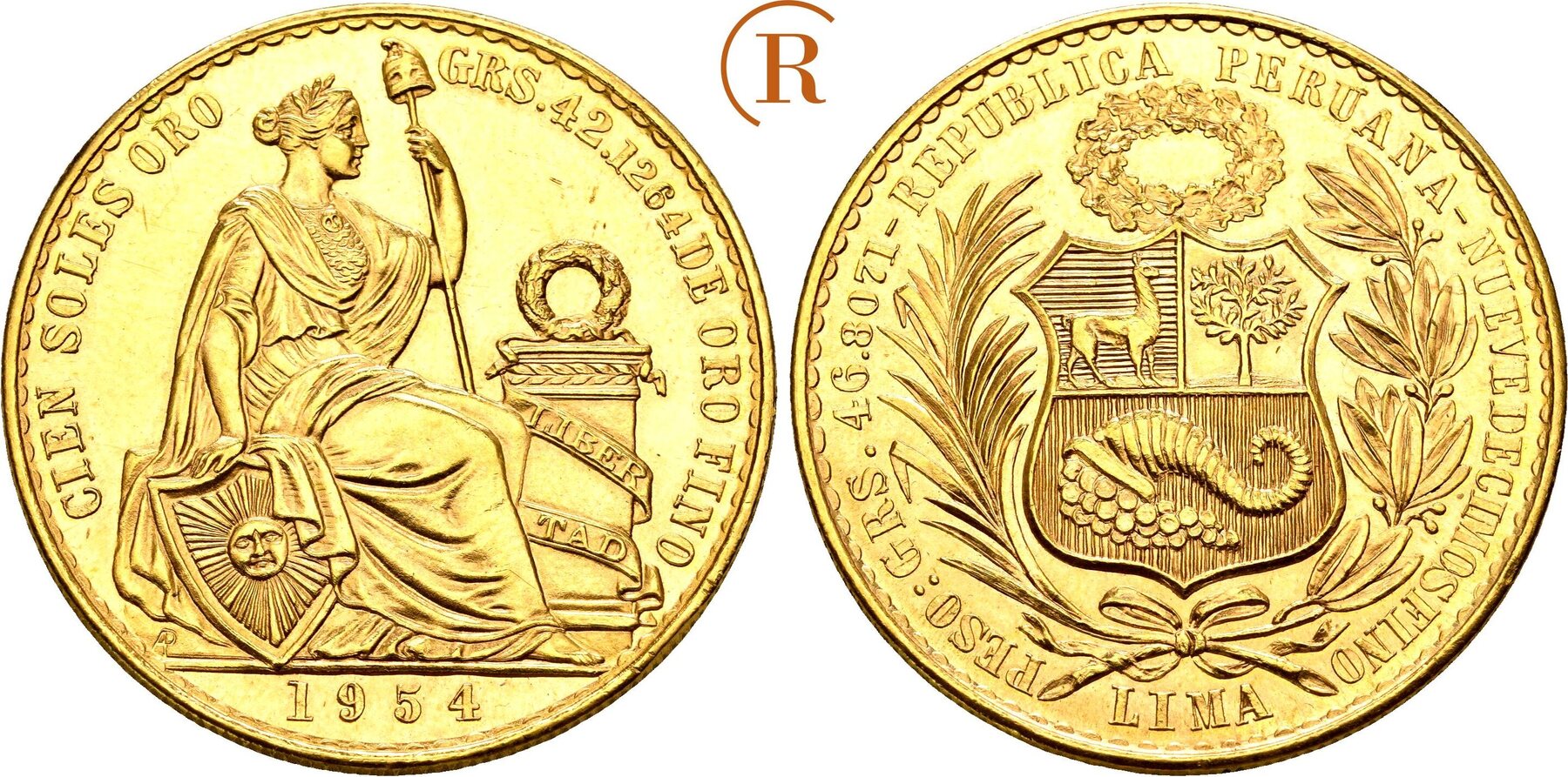 PERU REPUBLIK Seit 1822 100 Soles 1954, Lima Gold. CH UNC (prooflike