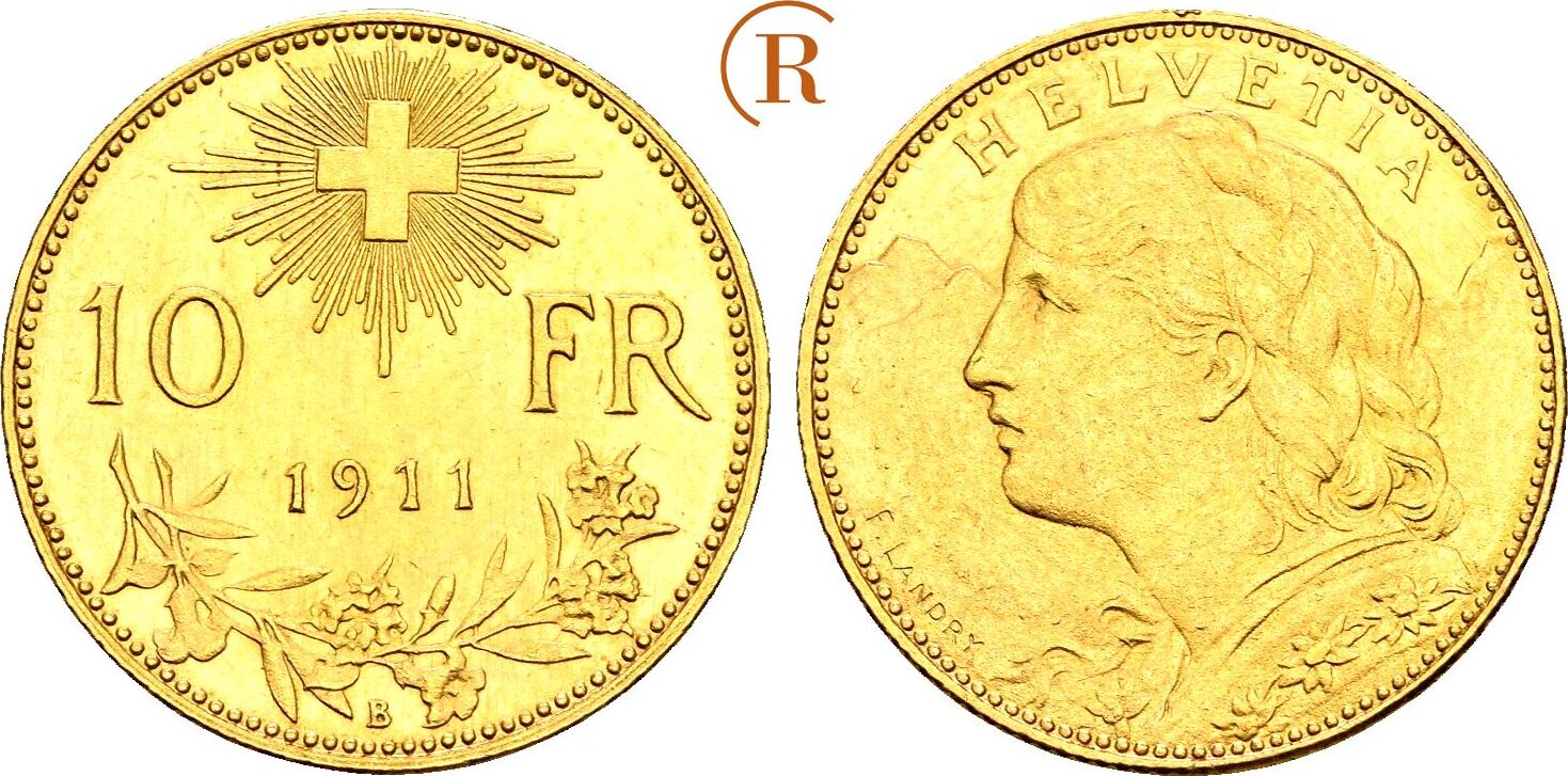 SCHWEIZ EIDGENOSSENSCHAFT 10 Franken "Vreneli" 1911 B, Bern Gold