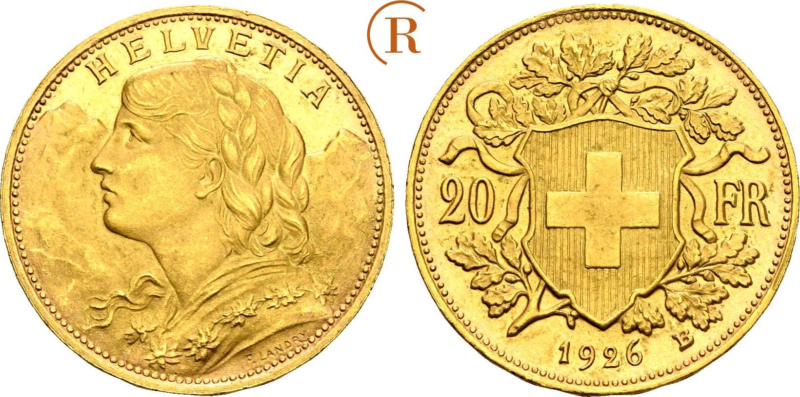 SCHWEIZ EIDGENOSSENSCHAFT 20 Franken "Vreneli" 1926 B, Bern Gold