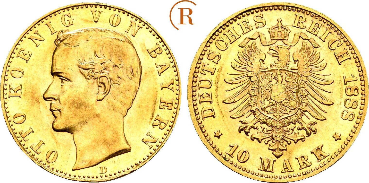 KAISERREICH BAYERN Otto, 1886-1913 10 Mark 1888 D Gold. Prachtexemplar