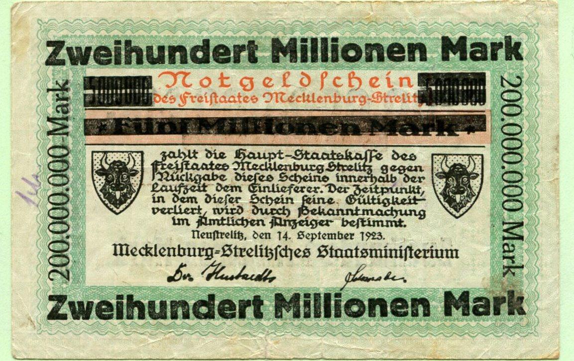 Mecklenburg-Strelitz, 200 Millionen Mark 14.9.1923 Neustrelitz, VF | MA ...