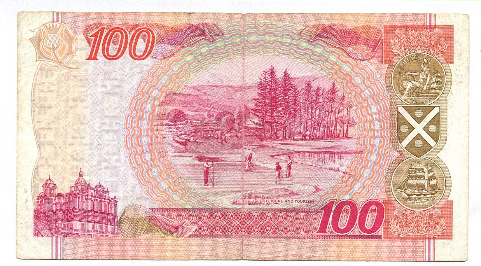 Деньги страны 6. 100 Фунтов банкнота. Купюра 100 1995. Банкноты Шотландии 100. Купюры розового цвета.