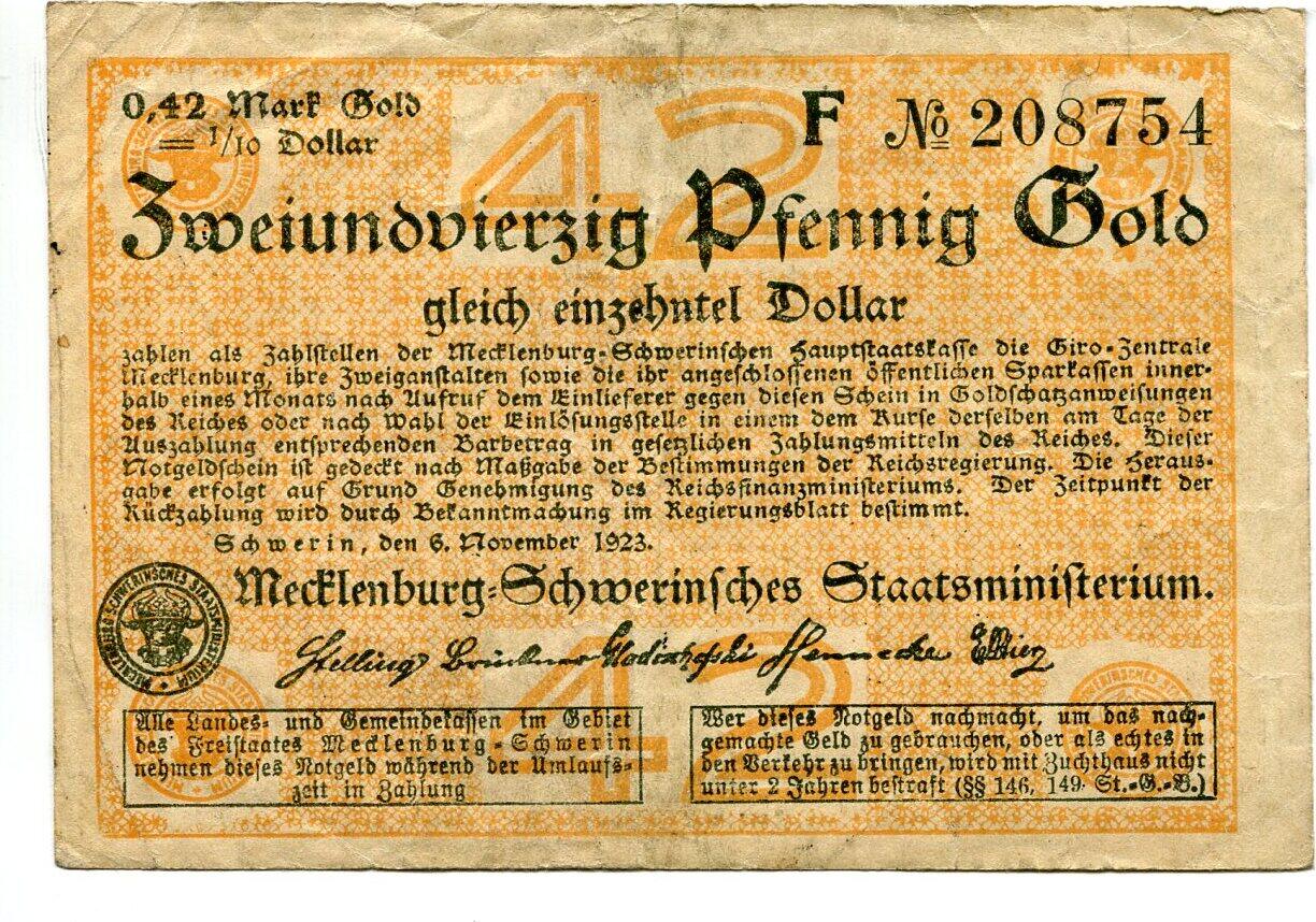 Mecklenburg Schwerin, 0,42 Goldpfennig=1/10 Dollar 06.11.1923 ...