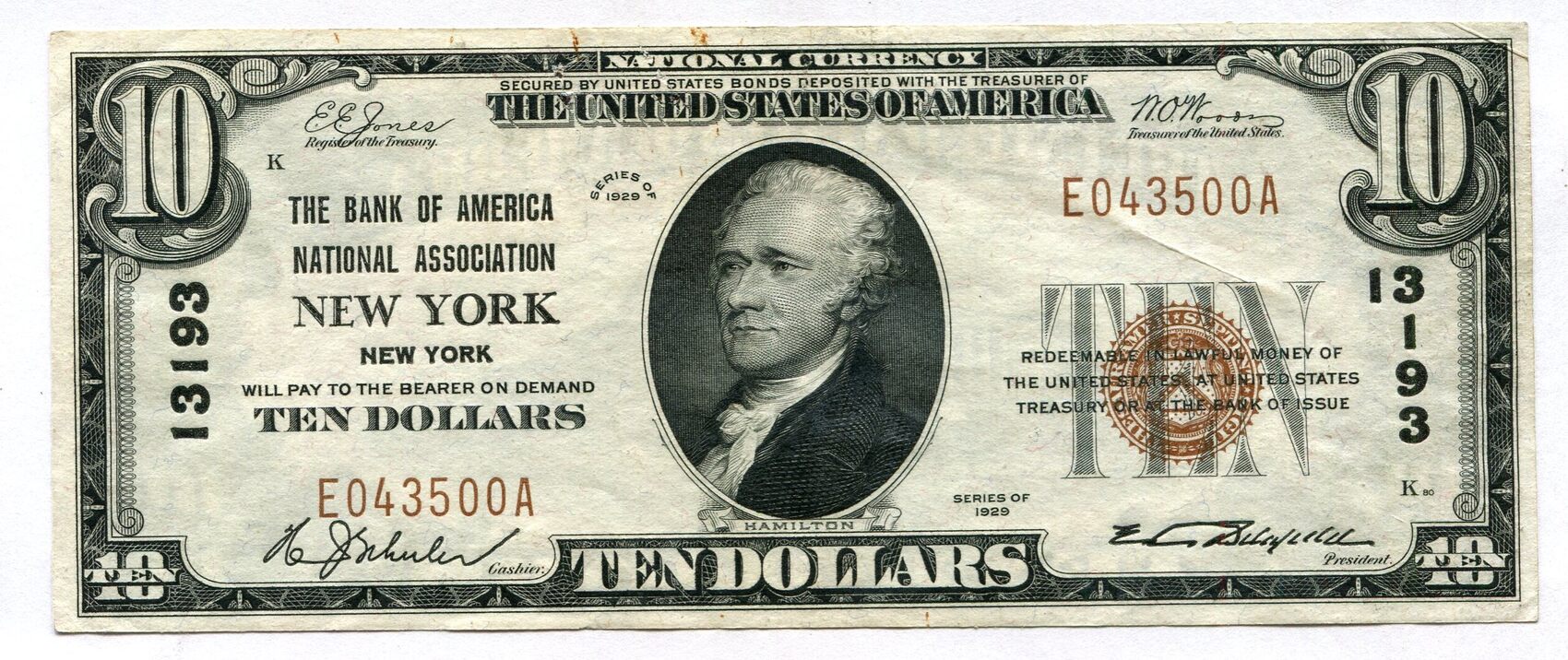 USA, 10 Dollars 1929 The Bank of Amerika National Association NEW YORK,  VF-EF | MA-Shops