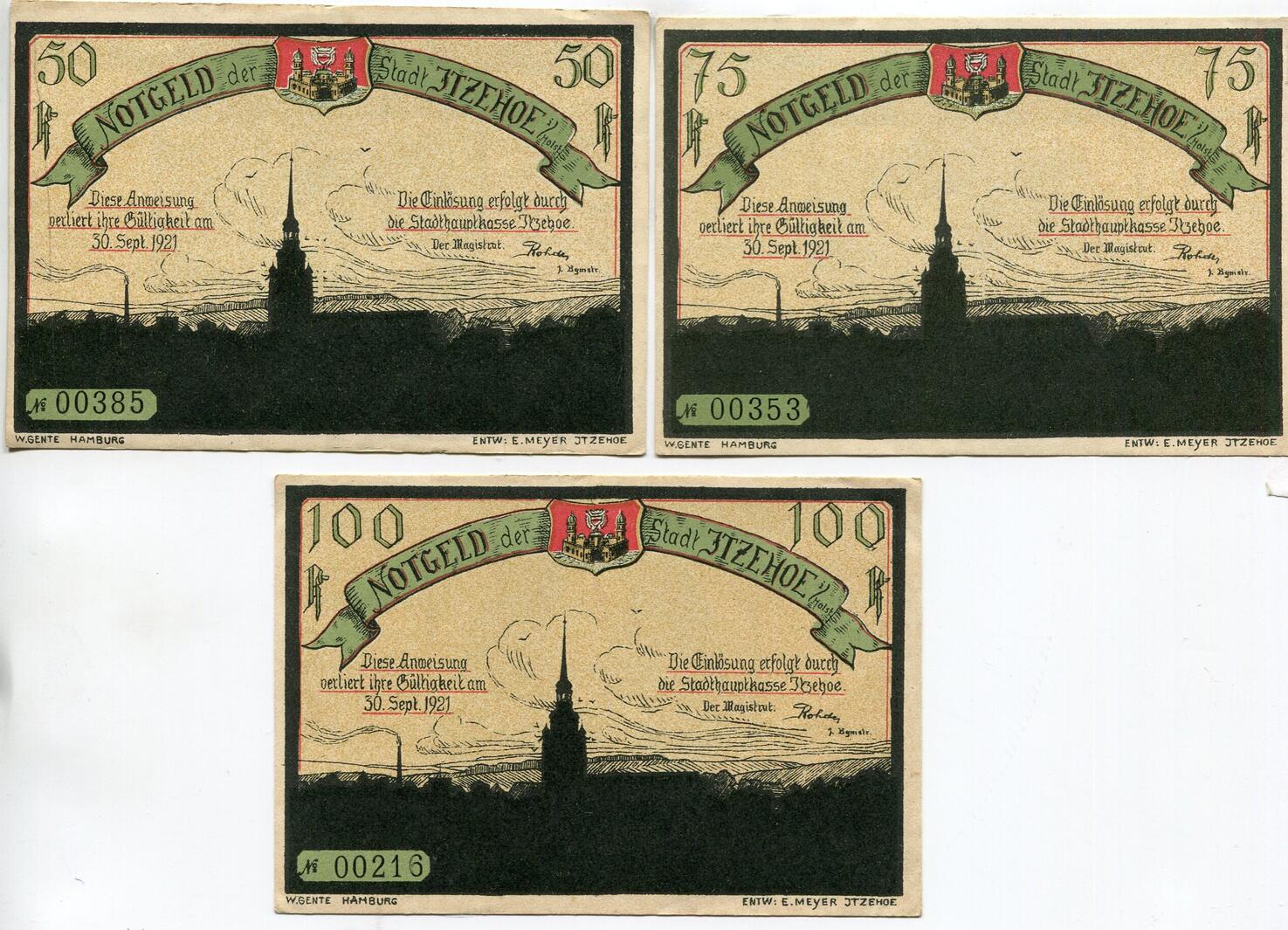 Schleswig-Holstein 50 Pfg. 75 Pfg. 100 Pfg. o.D.-30.9.1921 Itzehoe, I ...