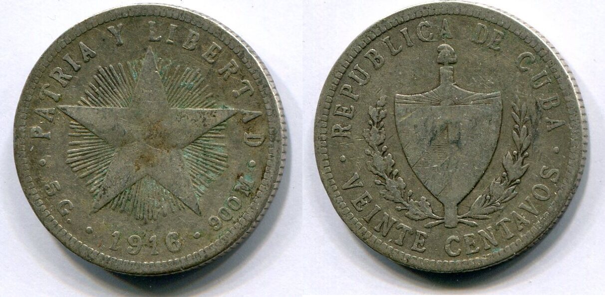 Cuba 20 Centavos 1916 ~ Kuba ~ F-vf 