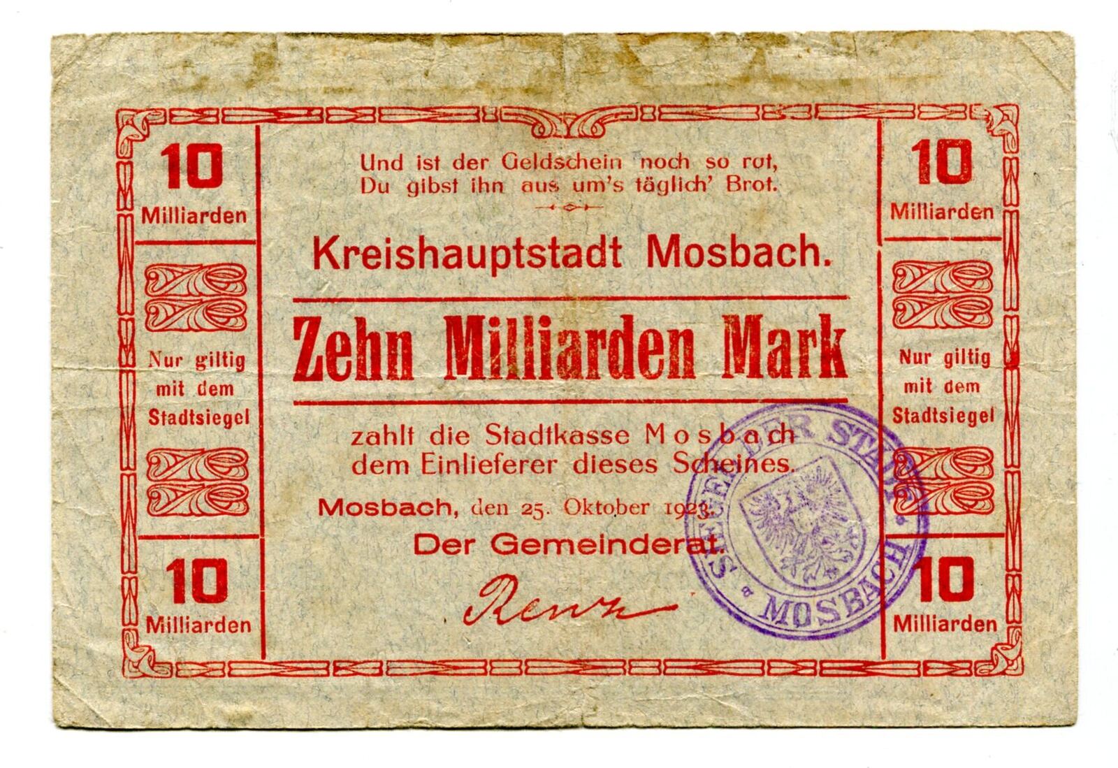 Baden 10 Md. Mk. 25.10.1923 Mosbach, Gebraucht | MA-Shops