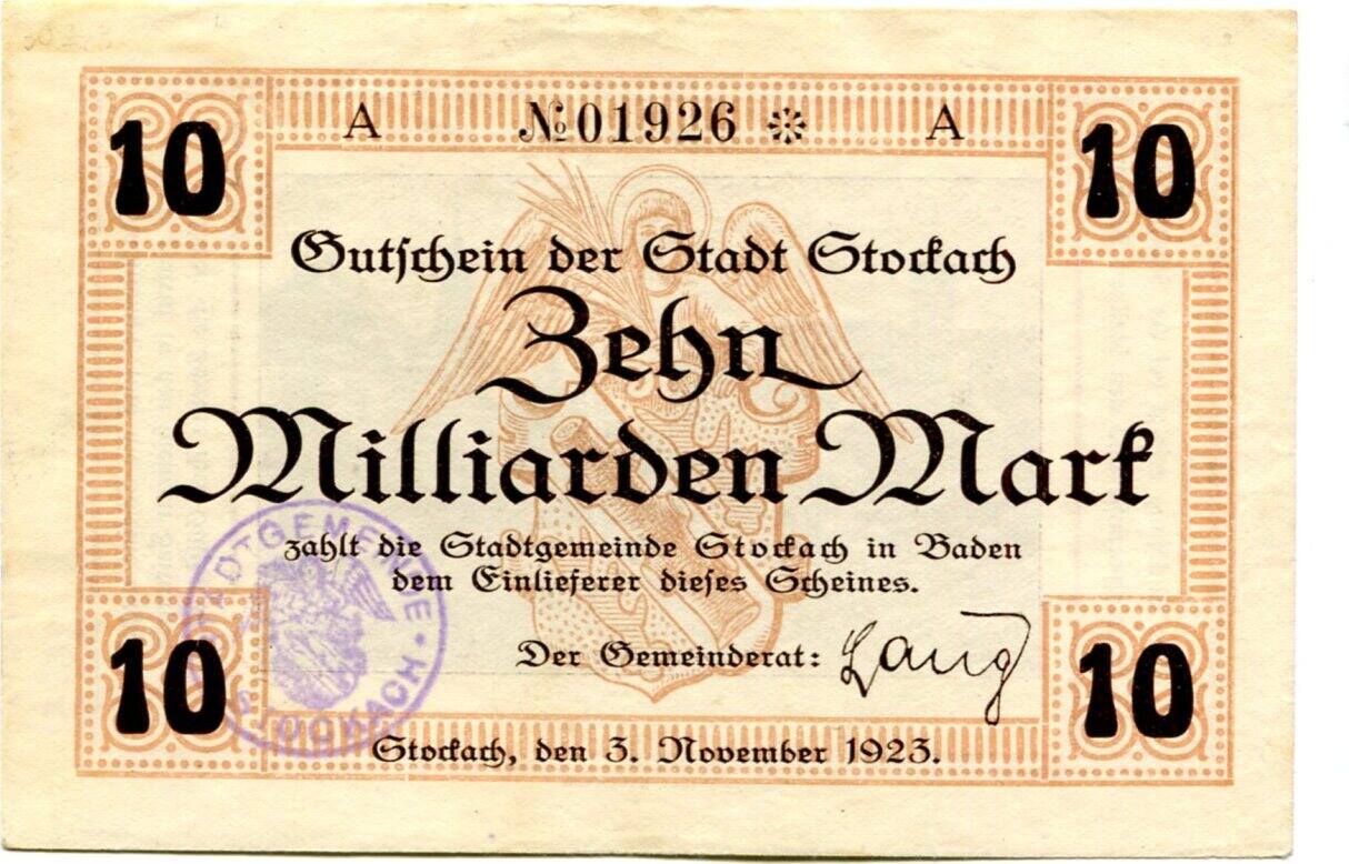 Baden 10 Md. Mk. 3.11.1923 Stockach, EF | MA-Shops