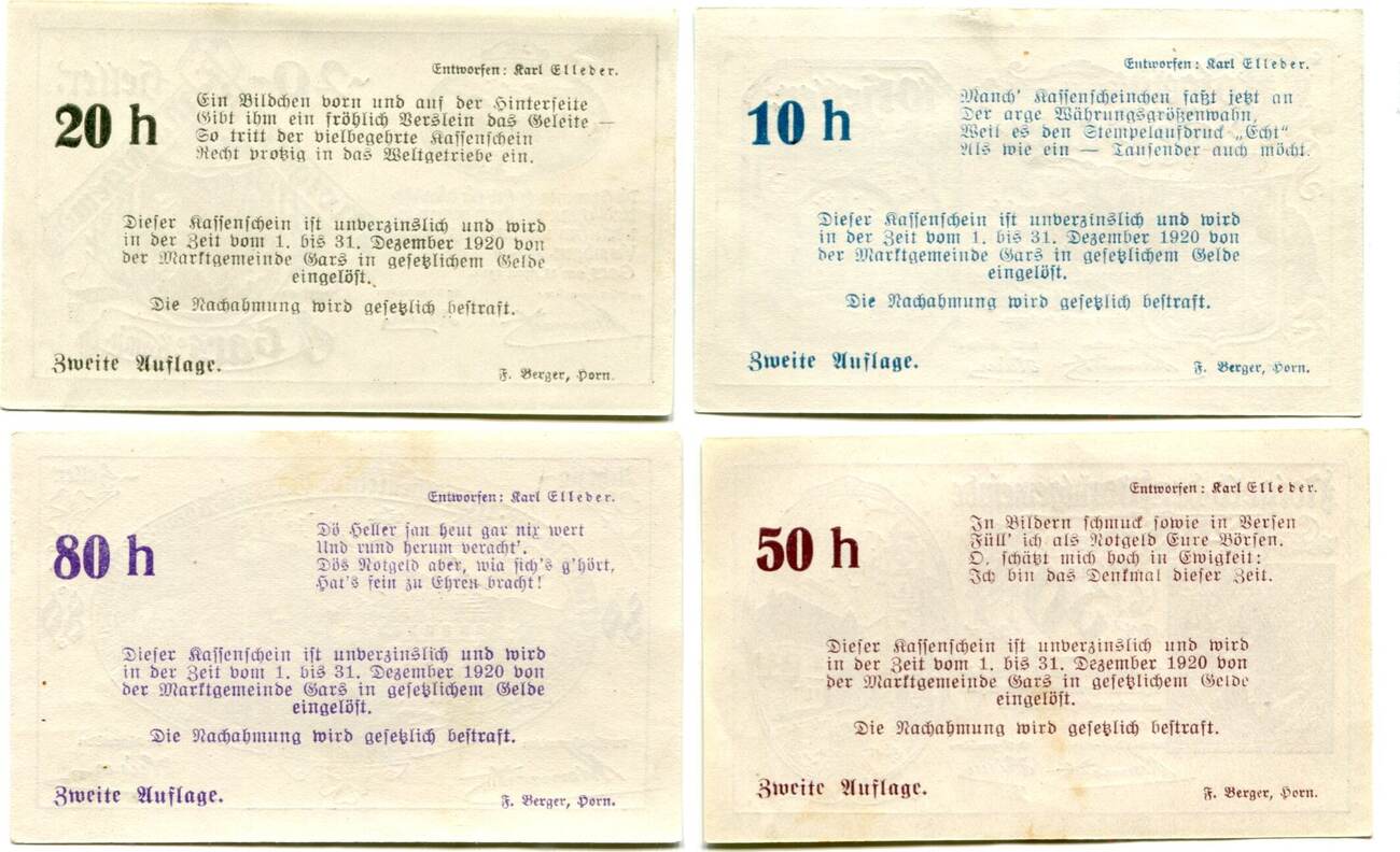 Niederösterreich 10, 20, 50, 80 Heller 28.4.1920-31.12.1920 Gars a.Kamp, I  / AU-55 Русские монеты из драгоценных