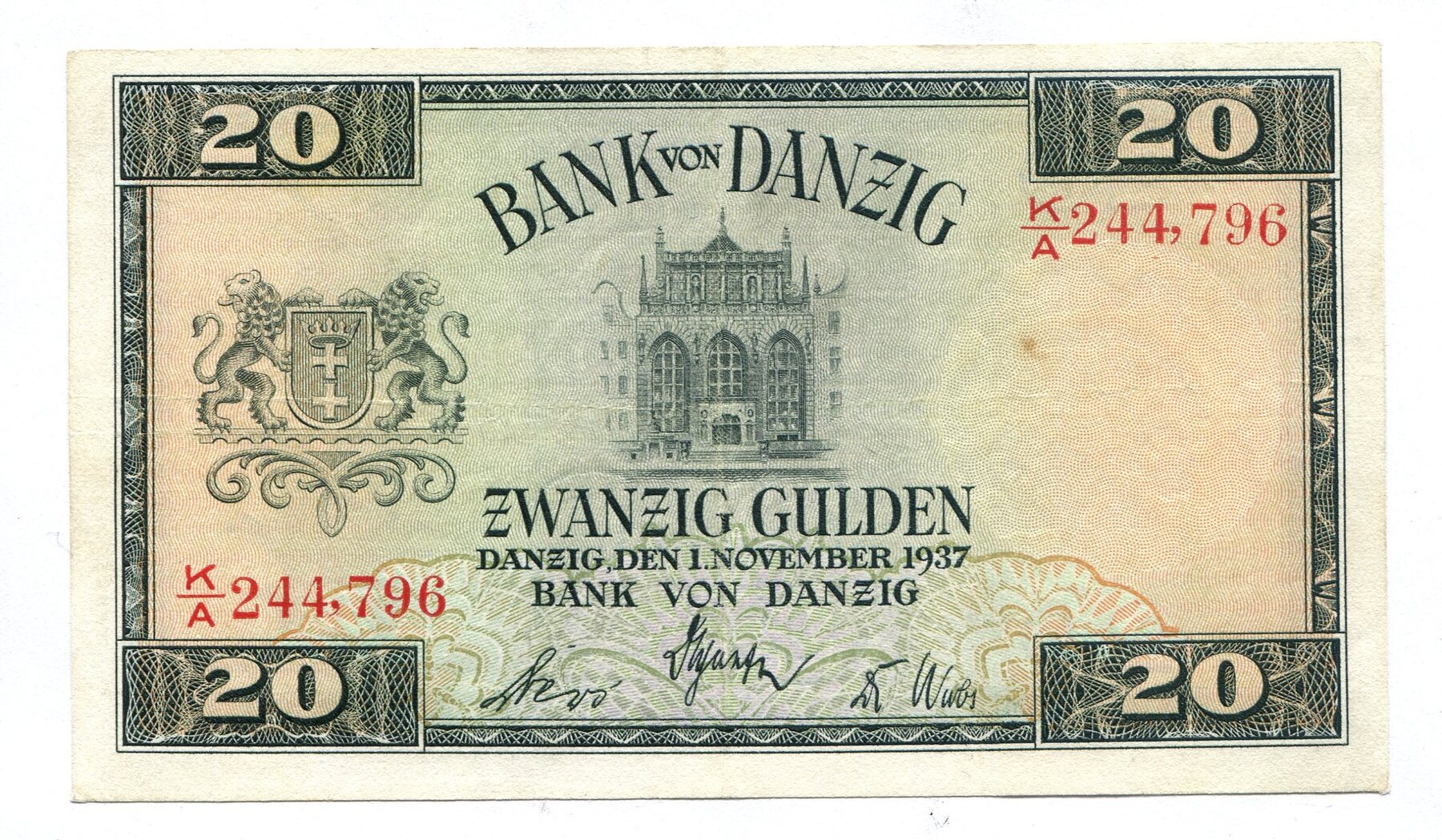 Danzig, 20 Gulden 01.11.1937 EF Русские монеты из драгоценных