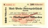 Sachsen 500 Md. Mark 3.11.1923 Annaberg i.Erzg.,Moll-Werke A.G.,Raswerke... 38.15 US$  +  92.50 US$ shipping