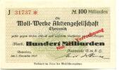 Sachsen 100 Md. Mark 3.11.1923 Annaberg i.Erzg.,Moll-Werke A.G.,Raswerke... 38.15 US$  +  92.50 US$ shipping