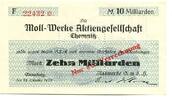 Sachsen 10 Md. Mark 24.10.1923 Annaberg i.Erzg.,Moll-Werke A.G.,Raswerke... 38.15 US$  +  92.50 US$ shipping