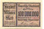Bayern 100 Mio. Mark 20.9.1923 M&uuml;nchen,Bayerische Staatsbank, unz 23.12 US$  +  92.50 US$ shipping