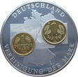 BRD Medaille 1996 Vereinigung der Mark - Inlay Prägung 1 DM und 1 DDR Mark - vergoldet Proof, fleckig