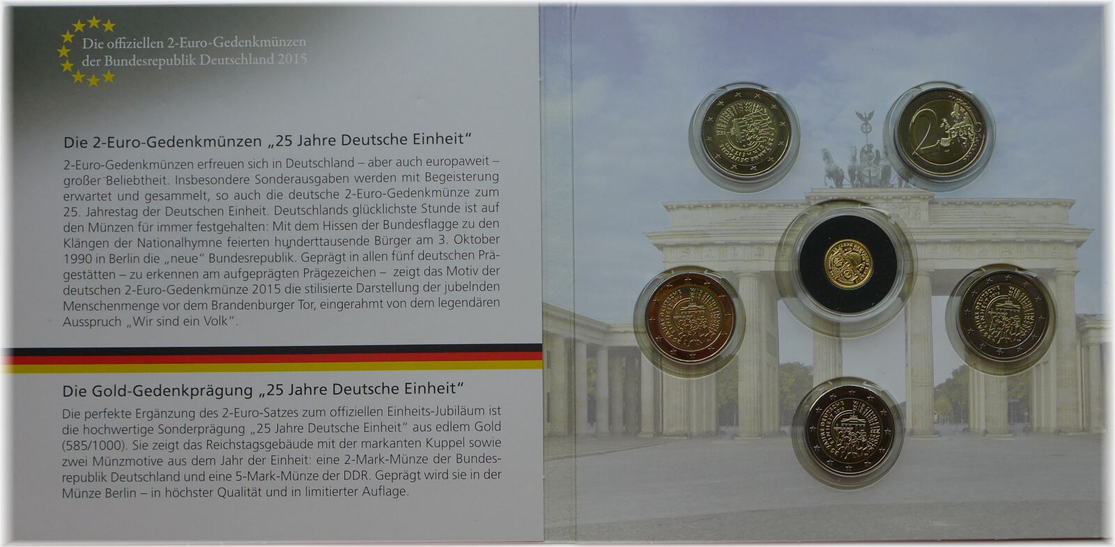 BRD 5 x 2 Euro + Goldgedenkprägung 2015 Zum 25. Jahrestag der Deutschen