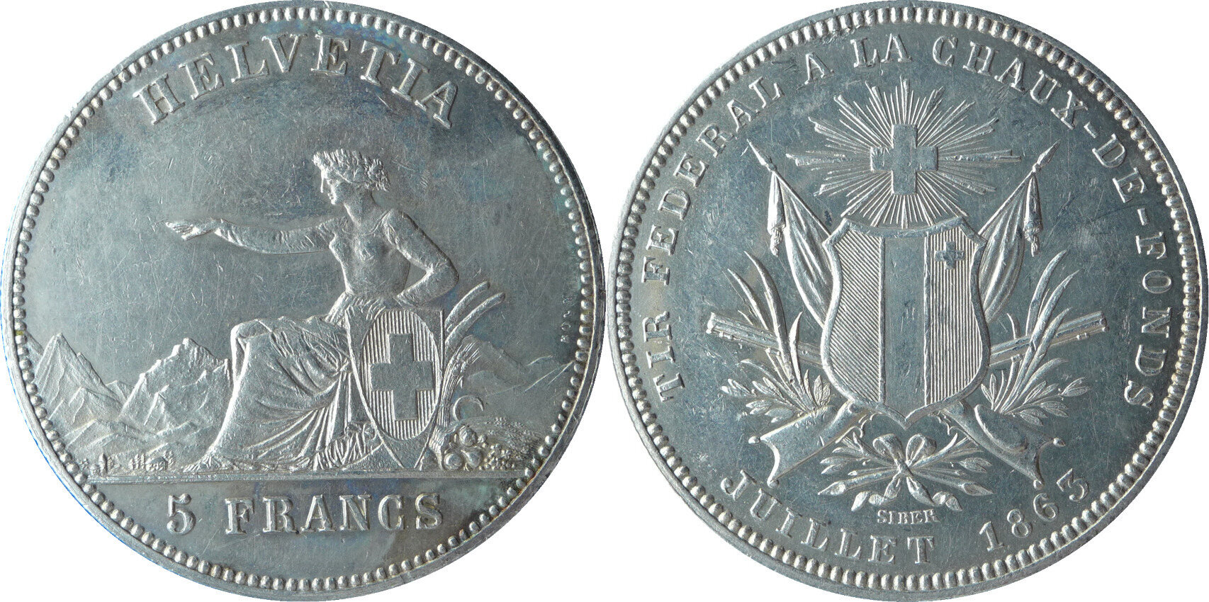 Schweiz 5 Franken 1863 Schützentaler La Chaux-de-Fonds VF-EF | MA