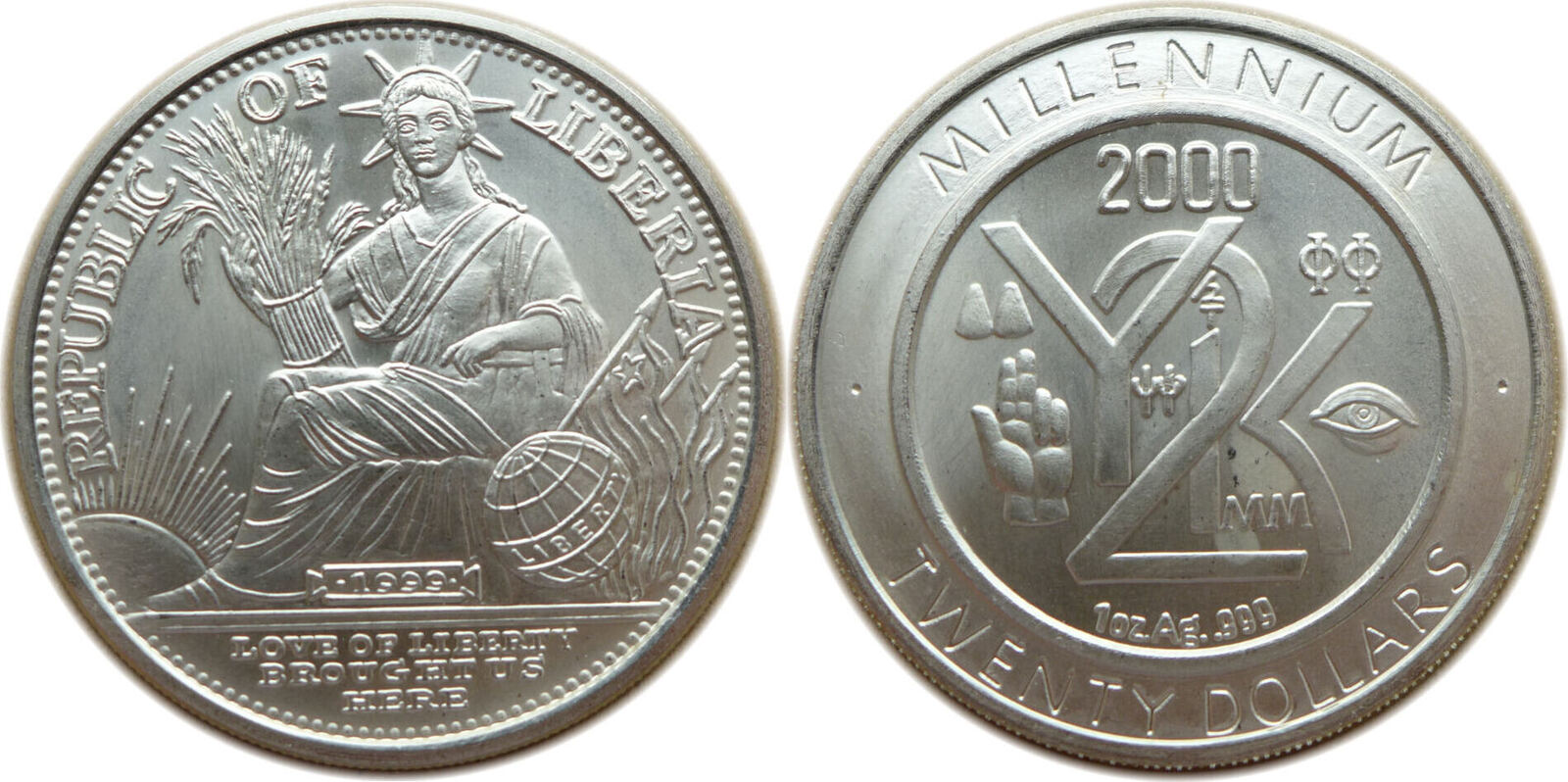 Liberia 20 Dollars 1999 Millenium 1 Oz Silber BU