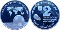 2 Schekel 2004 Israel Gedenkmünze FIFA Fussball-Weltmeisterschaft in Deutschland 2006 PP, minimale Flecken