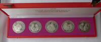 5 Silbermedaillen 1979 Vatikan Papst Johannes Paul II.-Apostolische Reisen- Dom.Rep., Mexiko,Polen, Irland, USA PP, fleckig